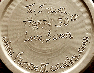 personalized inscription on bottom of ferment crock